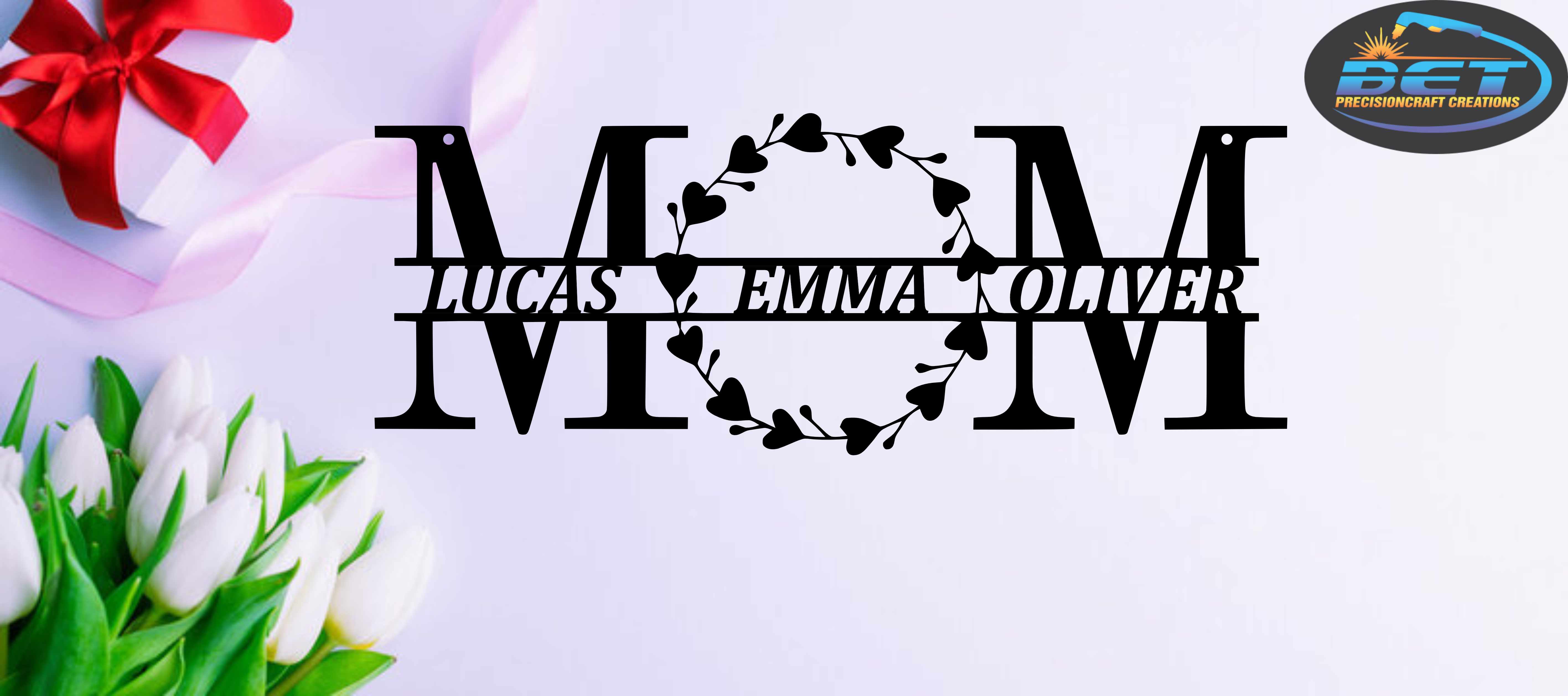 Mom Sign with Heart Wreath and Names