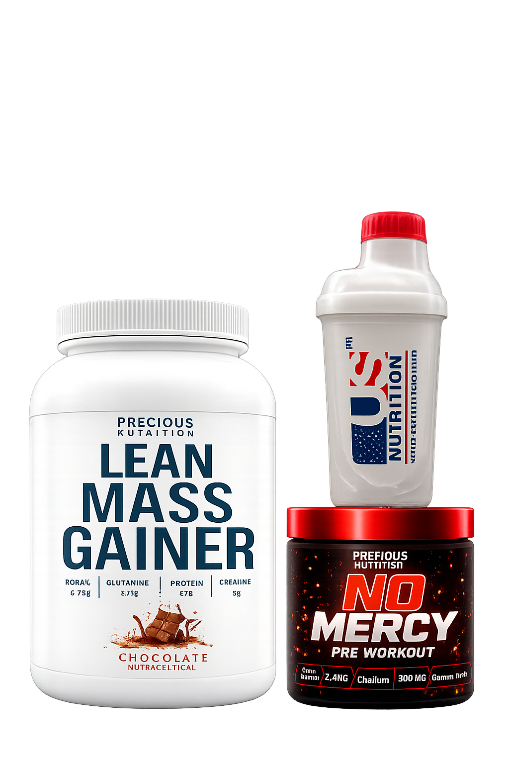 Lean Mass Gainer, No Mercy Pre Workout and Shaker Bottle