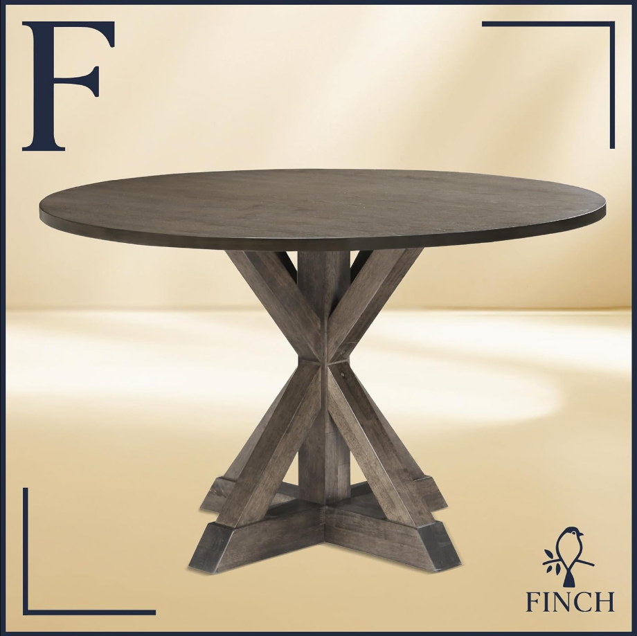 Alfred Round Solid Wood Rustic Dining Table for Farmhouse Kitchen Room Decor, Wooden Trestle Pedestal Base, 46.5" Wide Circular Tabletop, Distressed Brown