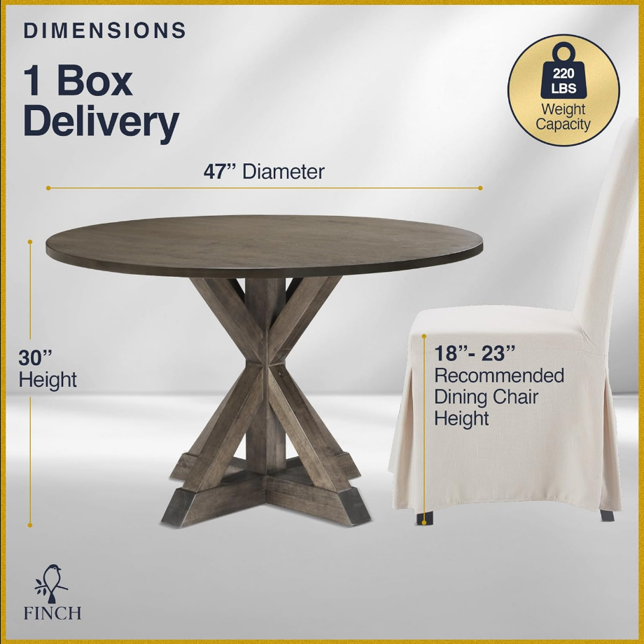 Alfred Round Solid Wood Rustic Dining Table for Farmhouse Kitchen Room Decor, Wooden Trestle Pedestal Base, 46.5" Wide Circular Tabletop, Distressed Brown