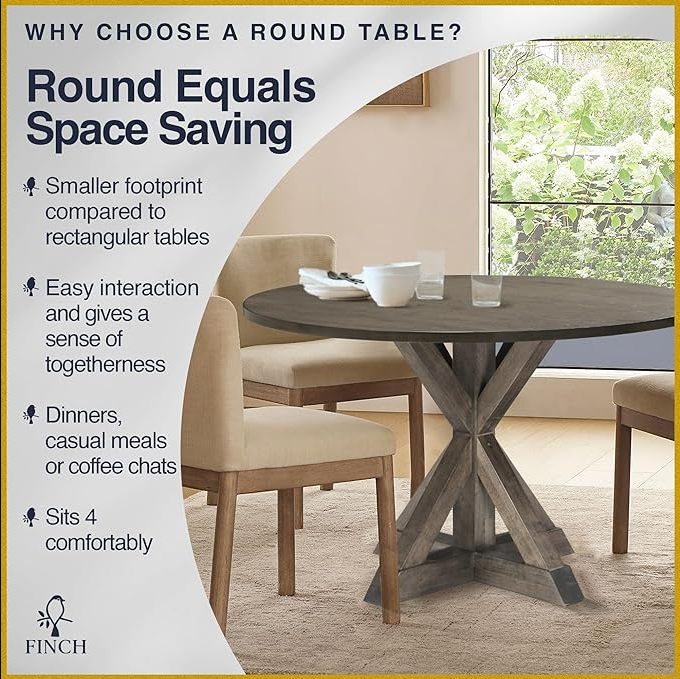 Alfred Round Solid Wood Rustic Dining Table for Farmhouse Kitchen Room Decor, Wooden Trestle Pedestal Base, 46.5" Wide Circular Tabletop, Distressed Brown