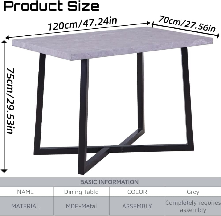 Wood Dining Table with Black Metal Legs,47" Industrial Rectangular Kitchen Table for Dining Room Kitchen,Light Grey