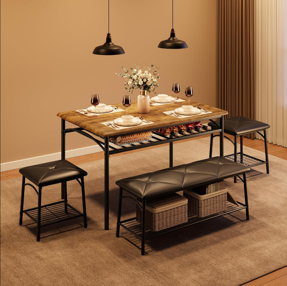 Dining Table Set for 4, Kitchen Table Set with Upholstered Bench and Square Stools, Metal and Wood Dining Room Table Set with Storage Shelves for Small Space, Apartment-Rustic Brown