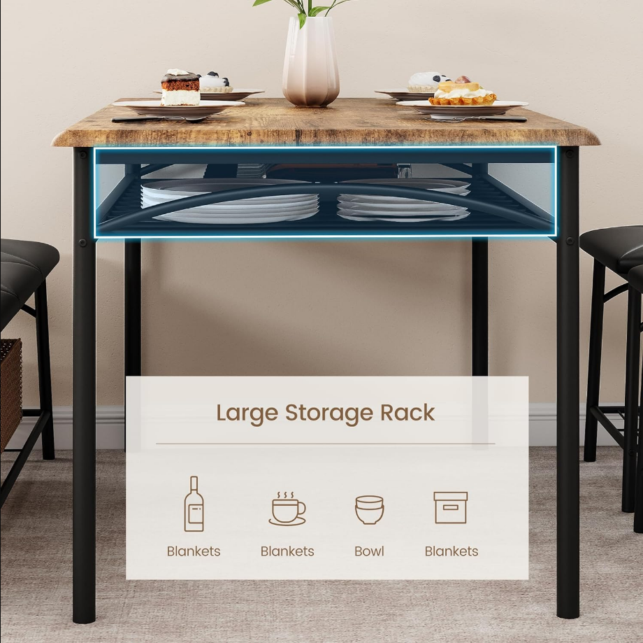 Dining Table Set for 4, Kitchen Table Set with Upholstered Bench and Square Stools, Metal and Wood Dining Room Table Set with Storage Shelves for Small Space, Apartment-Rustic Brown