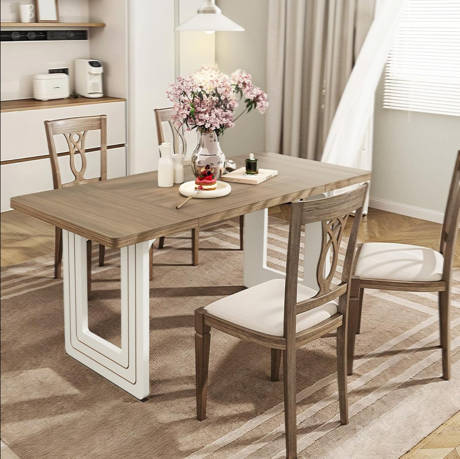 63" Rectangle Kitchen Table for 6 People, Modern Dinner Table, Wooden Dining Table for Kitchen, Dining Room & Living Room, Gray and White