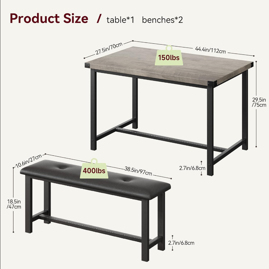 Farmhouse Dining 4 Kitchen Table Set with 2 Benches, Retro Gray