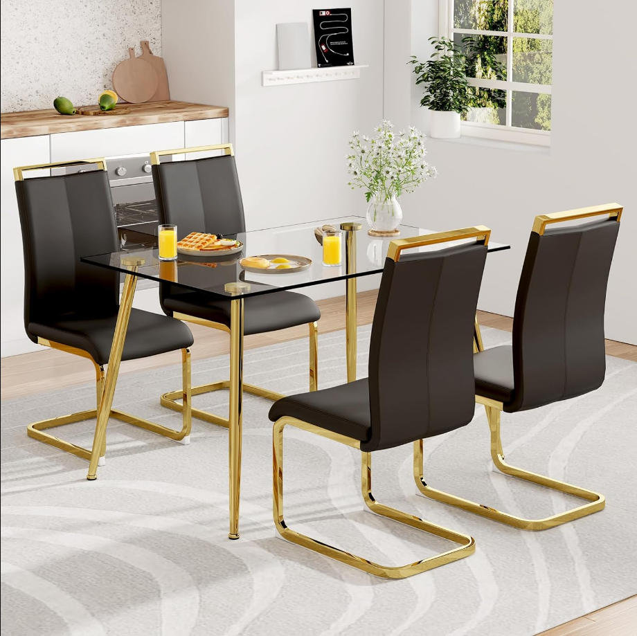 Dining Table Set for 4,5 Piece Dining Table and Chairs Set，Modern Kitchen Dining Room Table with 4 Black PU Leather Dining Chairs,0.31” Tempered Glass Table Top with Gold Metal Legs