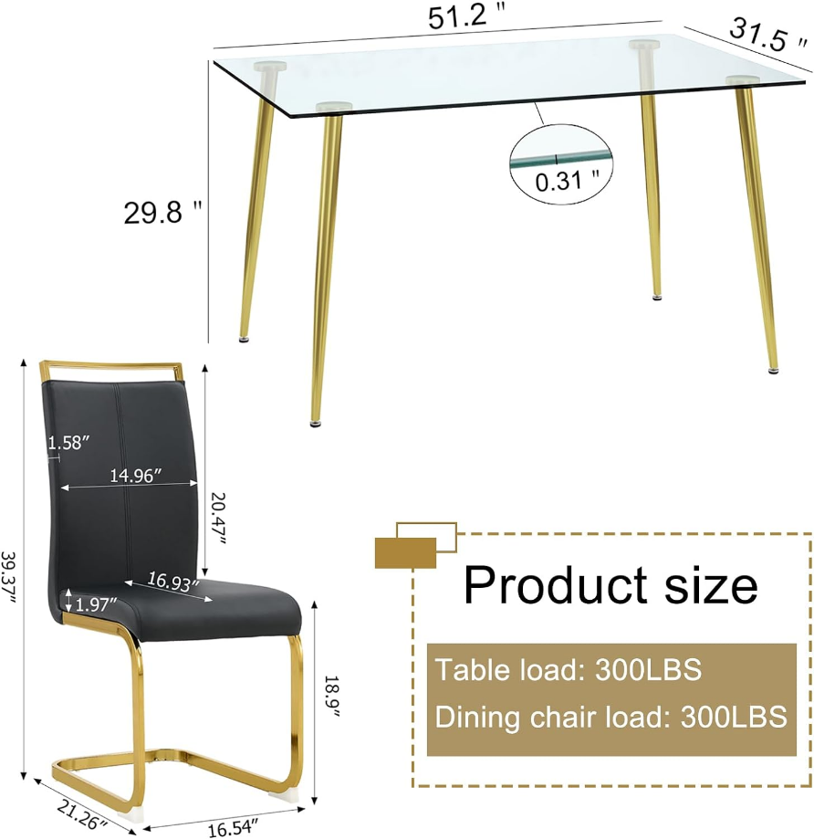 Dining Table Set for 4,5 Piece Dining Table and Chairs Set，Modern Kitchen Dining Room Table with 4 Black PU Leather Dining Chairs,0.31” Tempered Glass Table Top with Gold Metal Legs