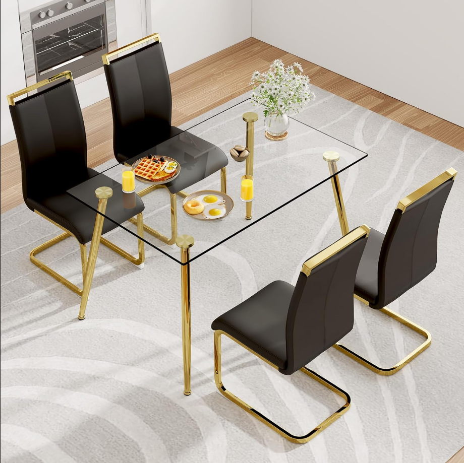 Dining Table Set for 4,5 Piece Dining Table and Chairs Set，Modern Kitchen Dining Room Table with 4 Black PU Leather Dining Chairs,0.31” Tempered Glass Table Top with Gold Metal Legs