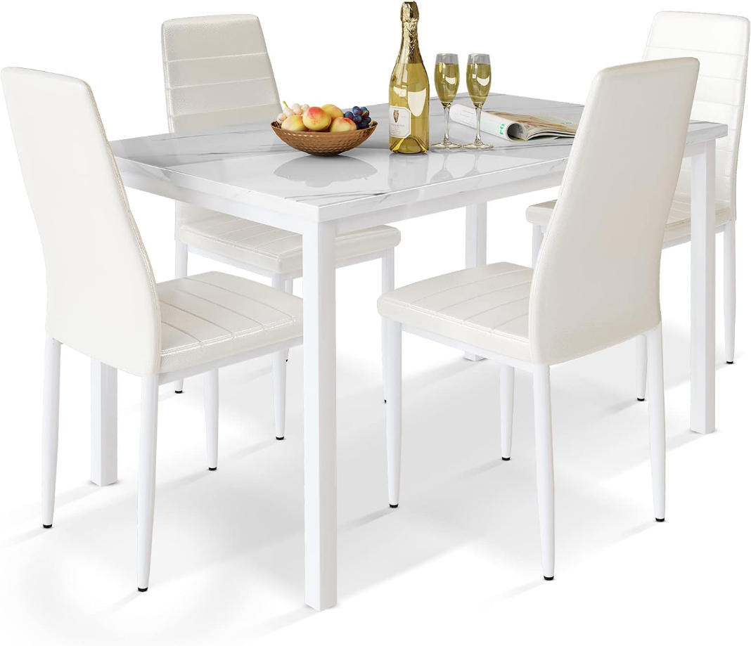 White Dining Table Set for 4,Faux Marble Kitchen Table and Chairs for 4 with Upholstered Leather Chairs,Dining Room Table Set for Kitchen,Small Spaces,Breakfast Nook,White+Beige