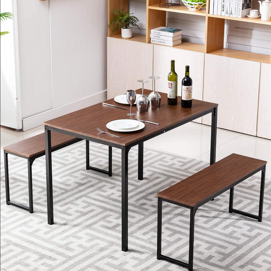 Dining Table Set for 4, 43" Kitchen Table Set with 2 Benches Space Saving Dining Room Table Set for Apartment Small Space