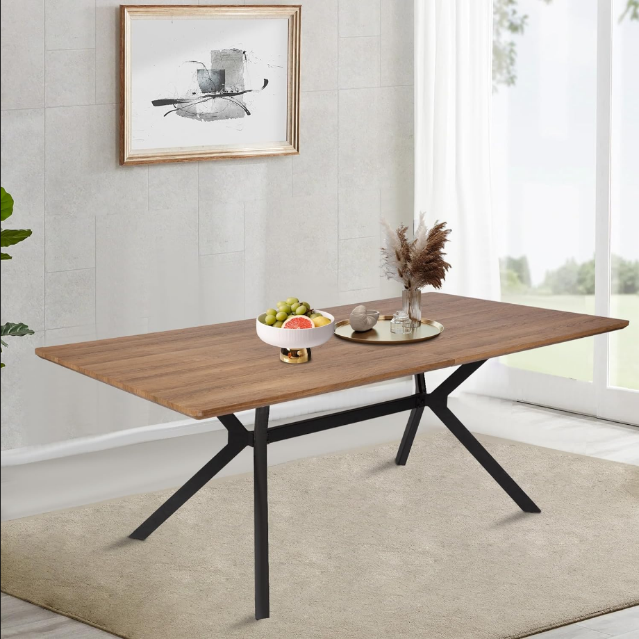 71" Large Dining Table for 6 Person Wood Kitchen Table Dining Room Table Mid Century Modern Cross Metal Led for Cafe Restaurant Home Office Conference Oak Grid Rectangular