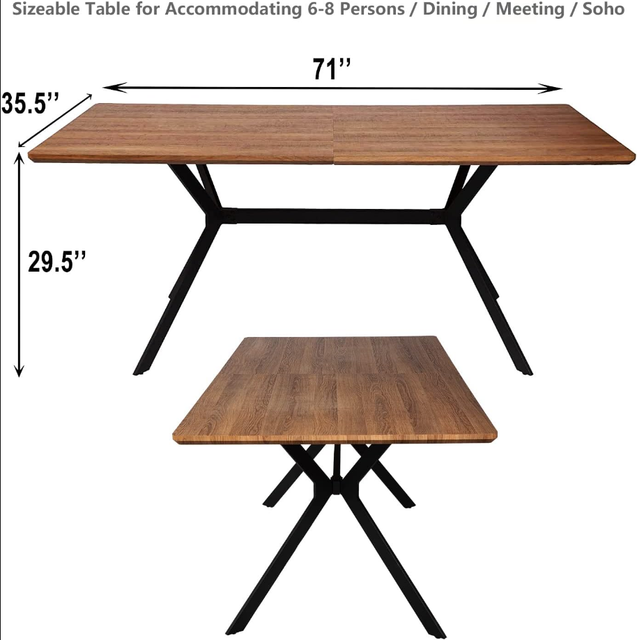 71" Large Dining Table for 6 Person Wood Kitchen Table Dining Room Table Mid Century Modern Cross Metal Led for Cafe Restaurant Home Office Conference Oak Grid Rectangular