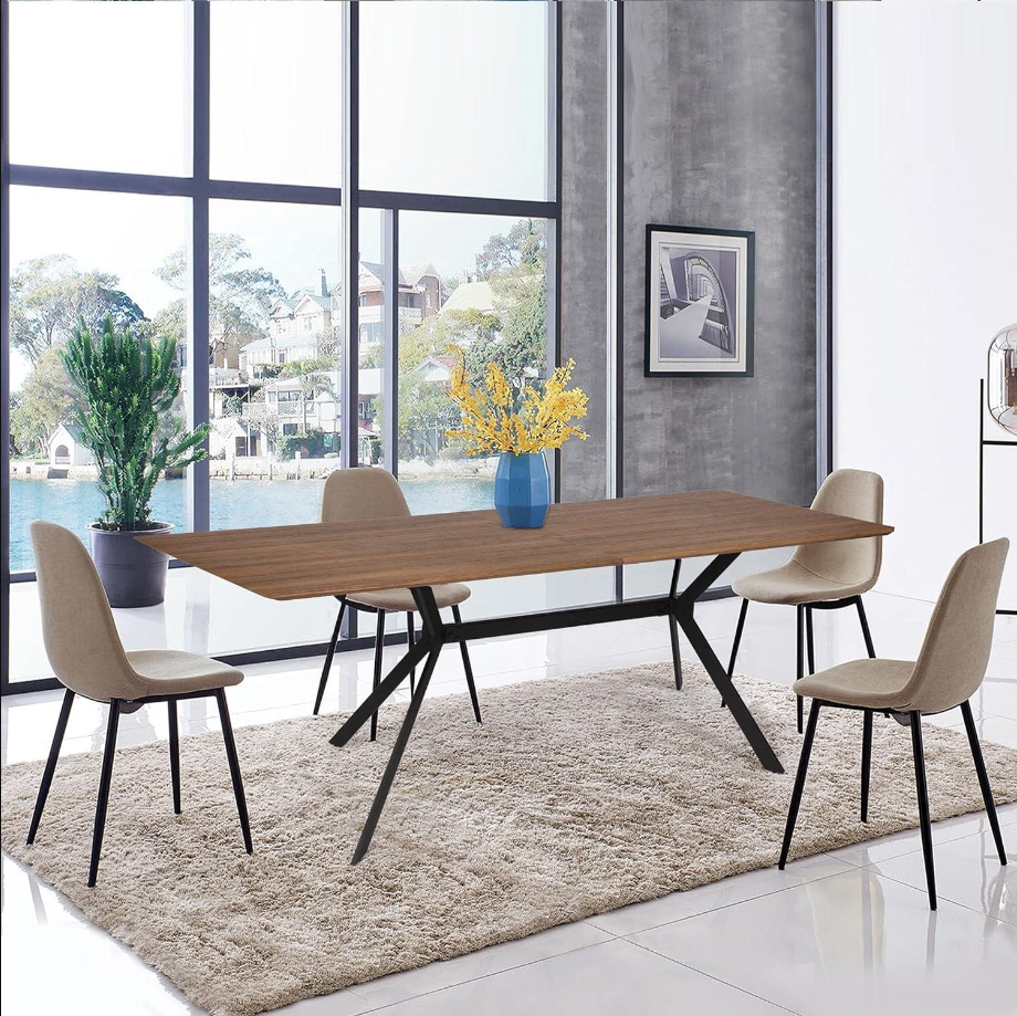 71" Large Dining Table for 6 Person Wood Kitchen Table Dining Room Table Mid Century Modern Cross Metal Led for Cafe Restaurant Home Office Conference Oak Grid Rectangular