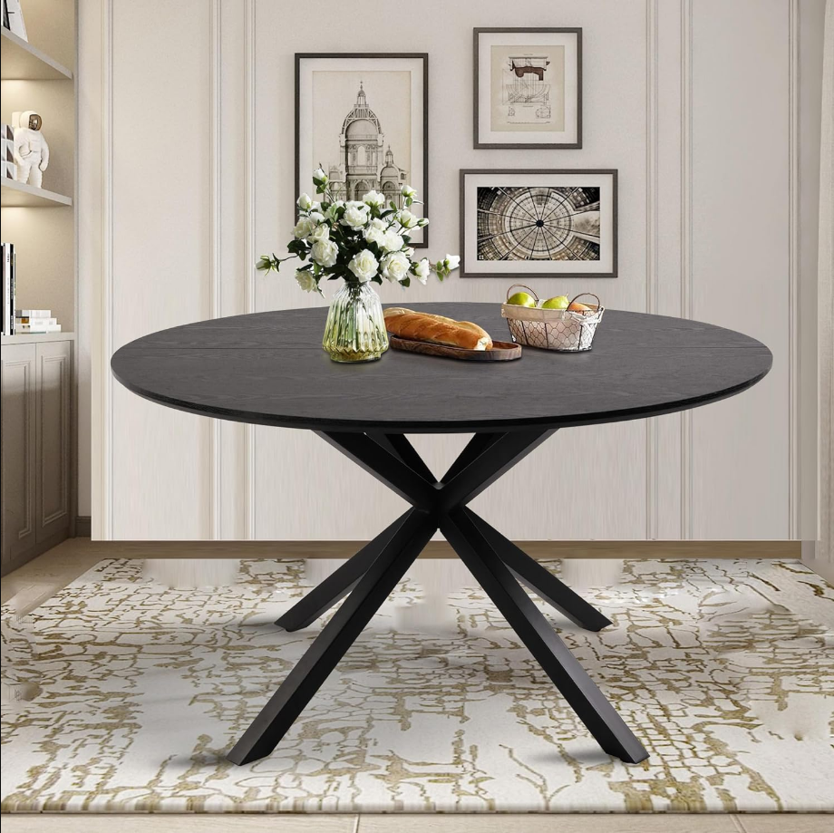 53” Round Dining Table for 6 Black Kitchen Table Dining Room Table Pedestal Wood Mid Century Modern Farmhouse Cross Metal Led for Cafe Restaurant Wine Bar Home Office Conference