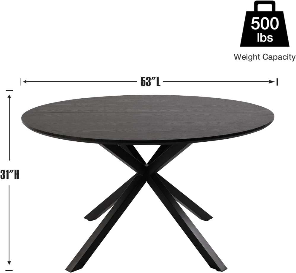 53” Round Dining Table for 6 Black Kitchen Table Dining Room Table Pedestal Wood Mid Century Modern Farmhouse Cross Metal Led for Cafe Restaurant Wine Bar Home Office Conference