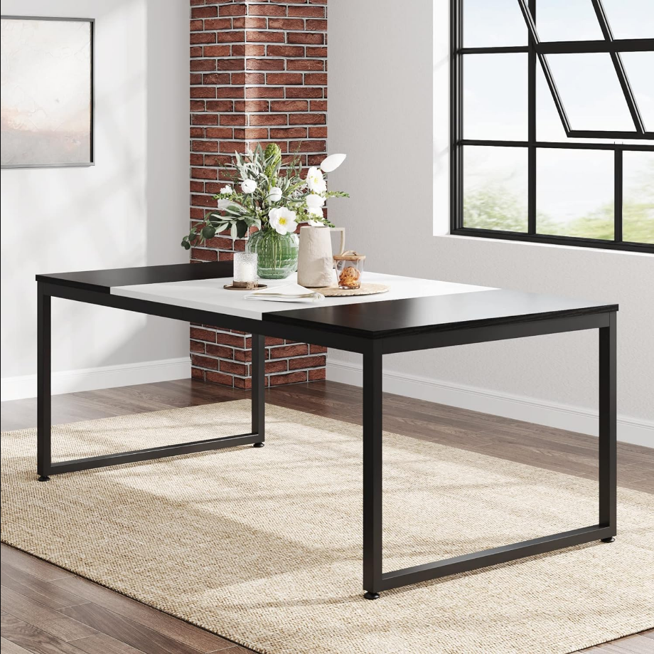 Modern Dining Table, 71 Inch Rectangular Kitchen Table for 6, Wood & Metal Dinner Table for Kitchen, Dining Room, Living Room (Black/White)