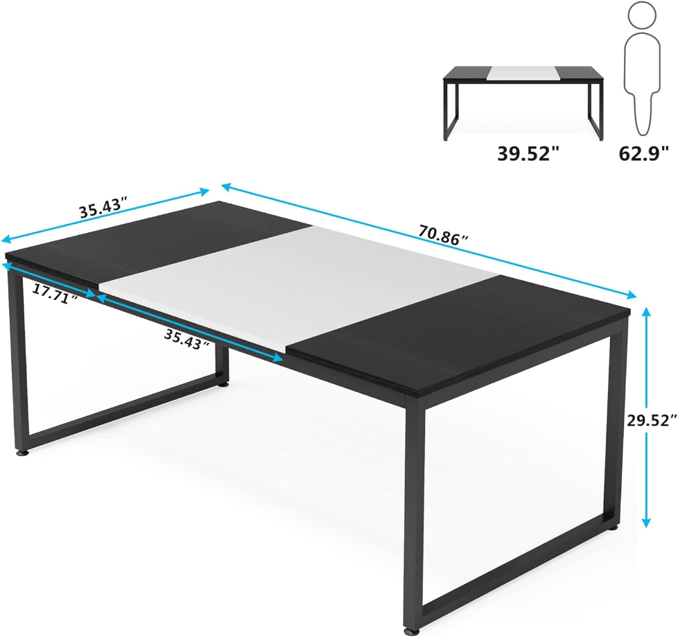 Modern Dining Table, 71 Inch Rectangular Kitchen Table for 6, Wood & Metal Dinner Table for Kitchen, Dining Room, Living Room (Black/White)