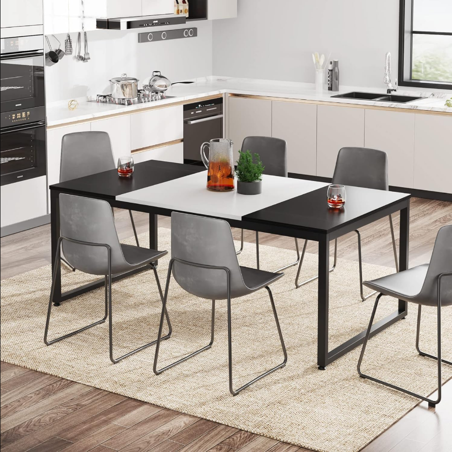 Modern Dining Table, 71 Inch Rectangular Kitchen Table for 6, Wood & Metal Dinner Table for Kitchen, Dining Room, Living Room (Black/White)