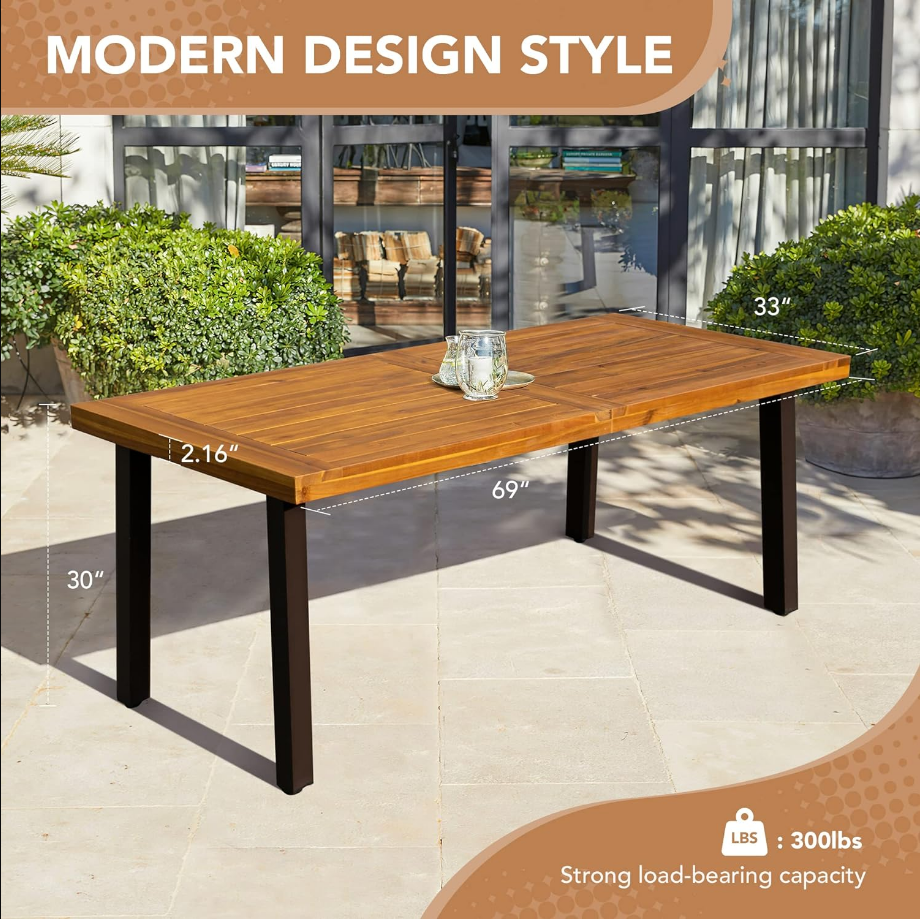 Home Acacia Wood Dining Table 6-Person Indoor Table with Iron Legs, Sandblast Finish, Natural Stained, Rustic Metal, 69 * 33 * 30 inch