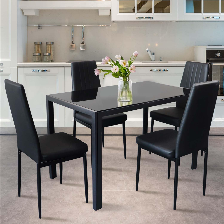 Super Stable Dining Table Set for 4, 5-Piece Kitchen Table and Chairs for 4, Modern Glass Dining Room Table & PU Leather Metal Chairs, Kitchen Table Set for Small Spaces, Breakfast Nook, Black