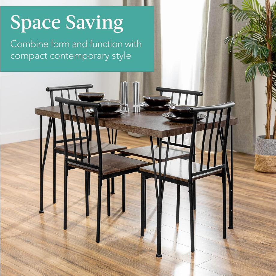 5-Piece Metal and Wood Indoor Modern Rectangular Dining Table Furniture Set for Kitchen, Dining Room, Dinette, Breakfast Nook w/ 4 Chairs - Drift