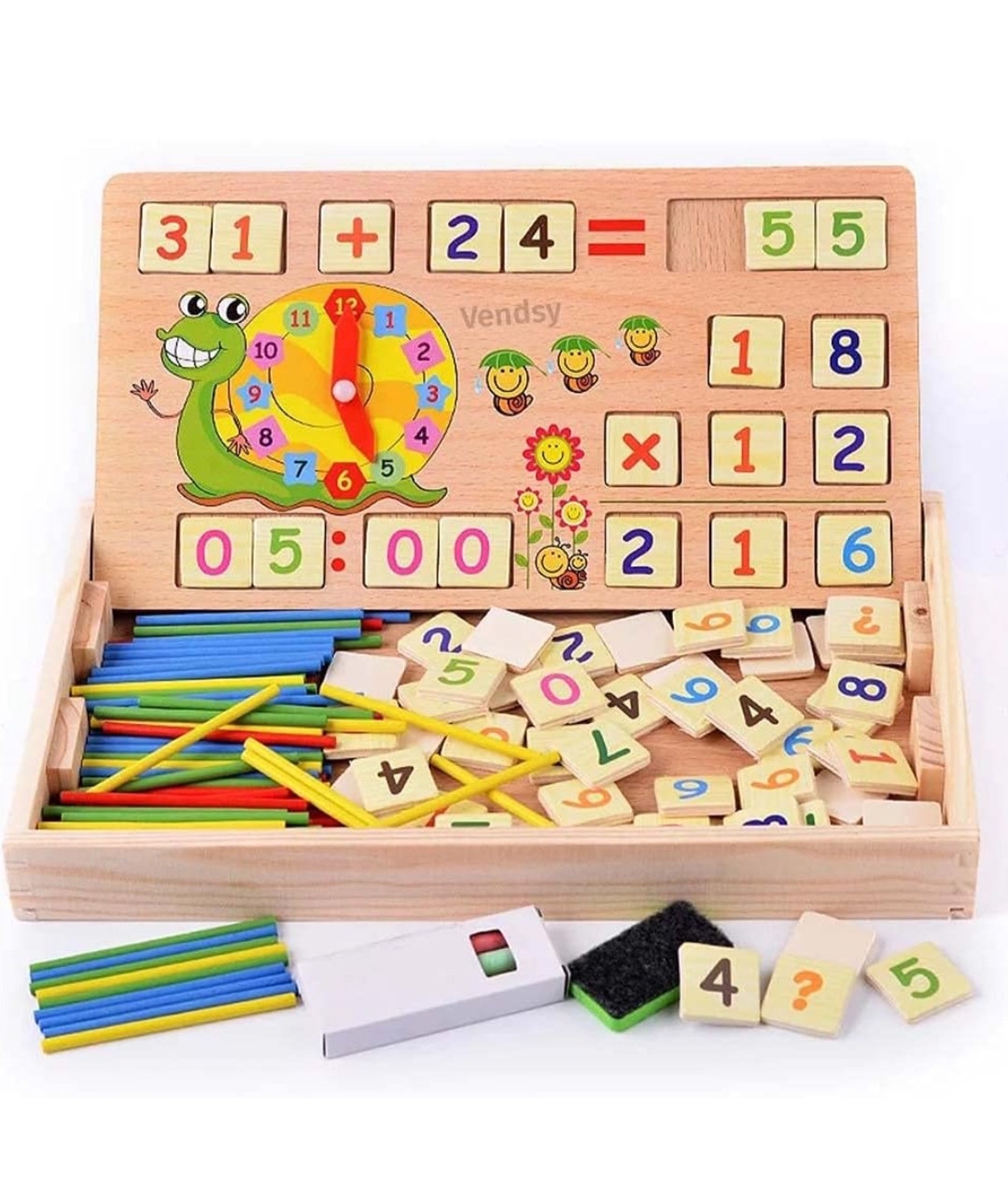 Children Multi-Functional Wooden Math Calculation Board with Clock, Blackboard, Number Blocks and Sticks
