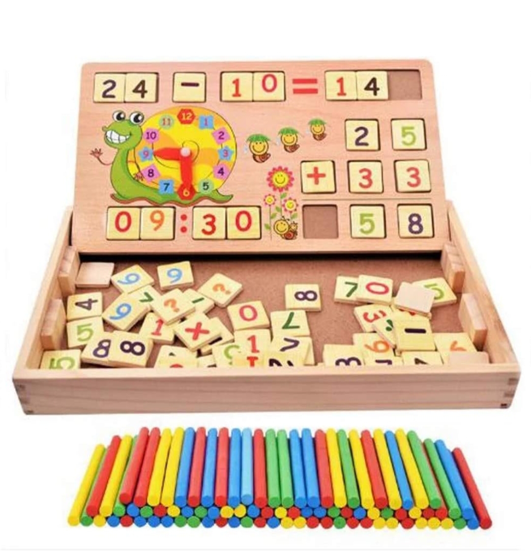 Children Multi-Functional Wooden Math Calculation Board with Clock, Blackboard, Number Blocks and Sticks