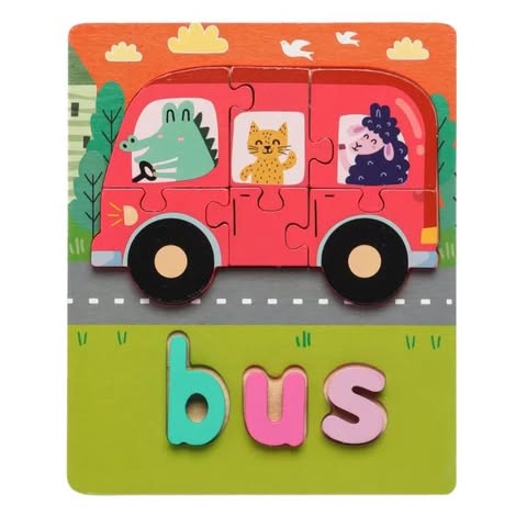 Colorful 3D Wooden Bus Shaped Puzzle with English Spelling Words