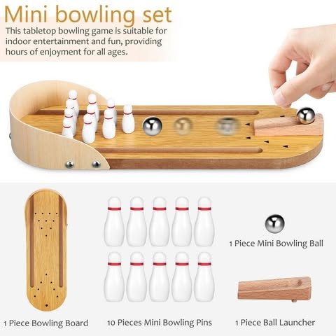 Wooden Mini Bowling Game Set for Kids Assorted Color Compact Portable Tabletop Toy 1 Set
