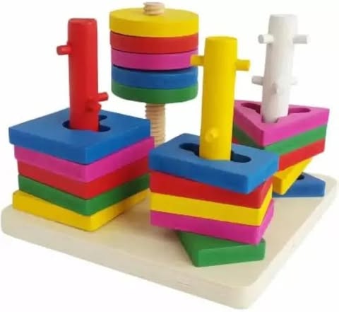 Wooden Intellectual Geometric Blocks Building Stacker Shape Matching Four Column Blocks Educational & Learning Toys, Wooden Geometric Shape Sorter Puzzle