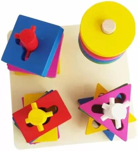 Wooden Intellectual Geometric Blocks Building Stacker Shape Matching Four Column Blocks Educational & Learning Toys, Wooden Geometric Shape Sorter Puzzle