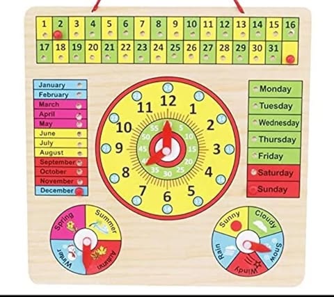 Wood Clock, Calendar Days Month Week Season Weather All in one Multifunctional Learning Board, Multicolour