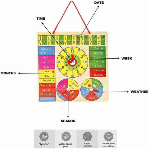 Wood Clock, Calendar Days Month Week Season Weather All in one Multifunctional Learning Board, Multicolour