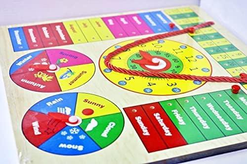 Wood Clock, Calendar Days Month Week Season Weather All in one Multifunctional Learning Board, Multicolour
