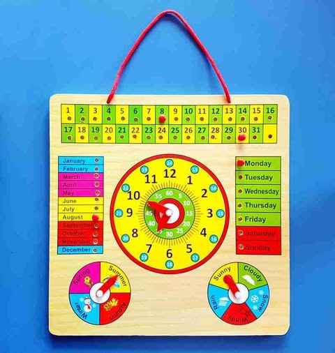 Wood Clock, Calendar Days Month Week Season Weather All in one Multifunctional Learning Board, Multicolour