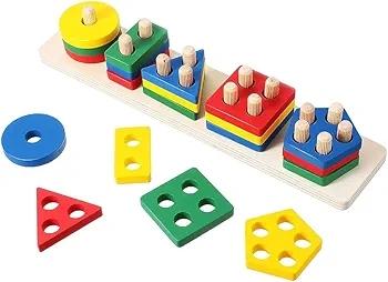 Montessori Toys for Toddlers - 5 Column Set Wooden Sorting and Stacking Toys