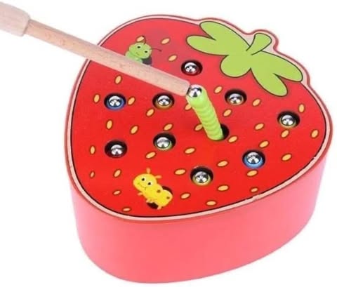 Wooden Magnetic Strawberry Caterpillar Catching Toy, Kids Baby Early Skill Developmental Toy