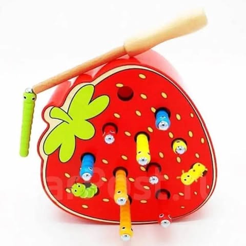 Wooden Magnetic Strawberry Caterpillar Catching Toy, Kids Baby Early Skill Developmental Toy