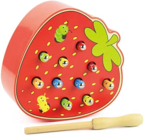 Wooden Magnetic Strawberry Caterpillar Catching Toy, Kids Baby Early Skill Developmental Toy