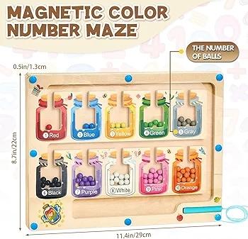 Magnetic Color and Number Maze,Montessori Counting Matching Wooden Puzzle Board