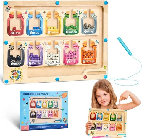 Magnetic Color and Number Maze,Montessori Counting Matching Wooden Puzzle Board