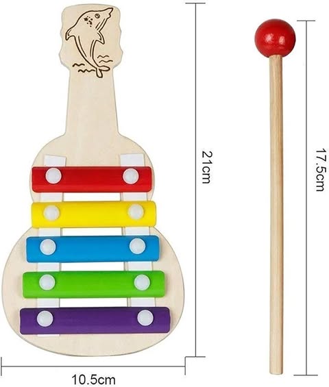 Wooden Xylophone Guitar Shaped Musical Toy for Children with 5 Note Pack of 1- Multi Color