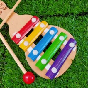 Wooden Xylophone Guitar Shaped Musical Toy for Children with 5 Note Pack of 1- Multi Color