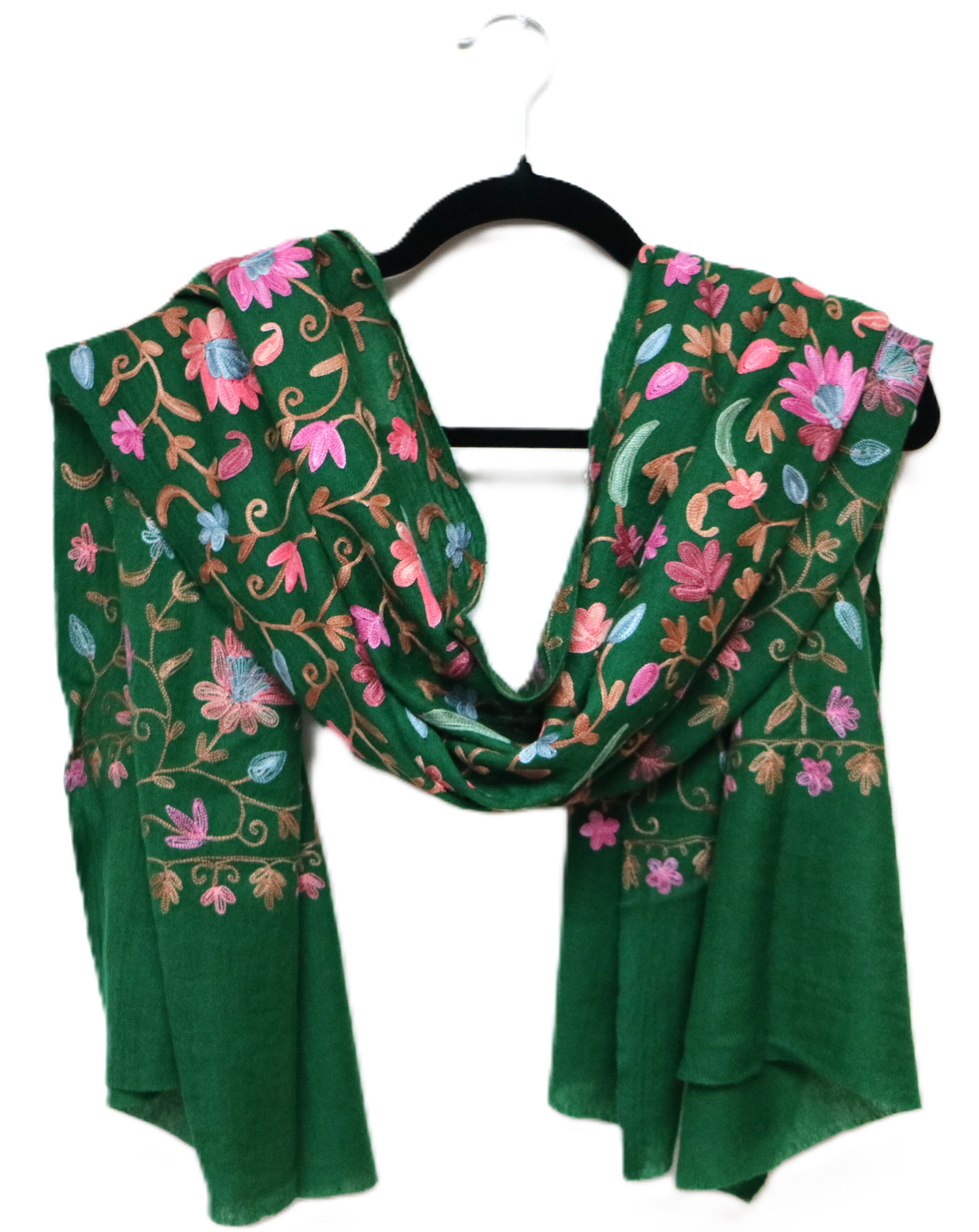 Green Merino Wool Embroidered Stole