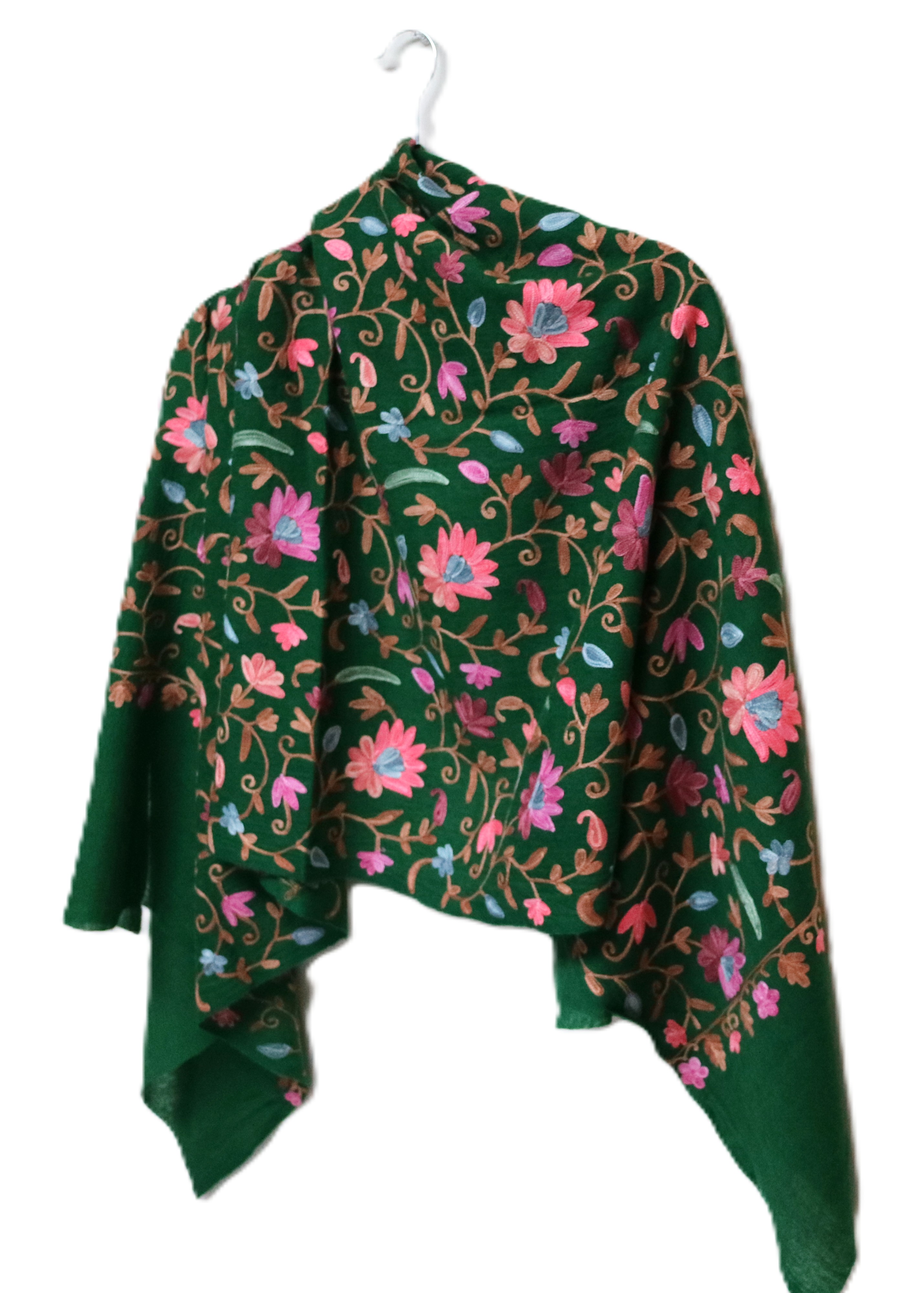 Green Merino Wool Embroidered Stole