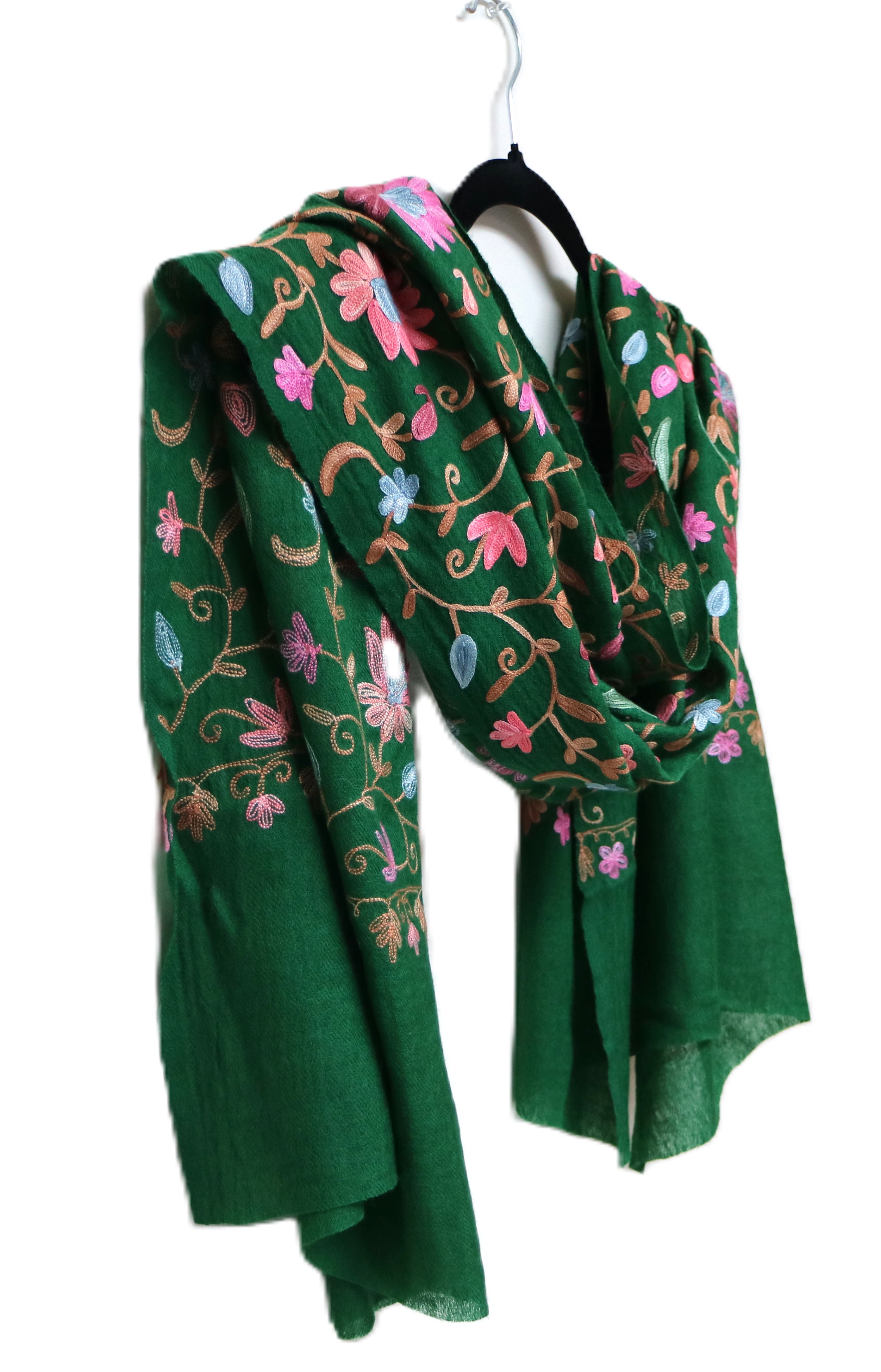 Green Merino Wool Embroidered Stole