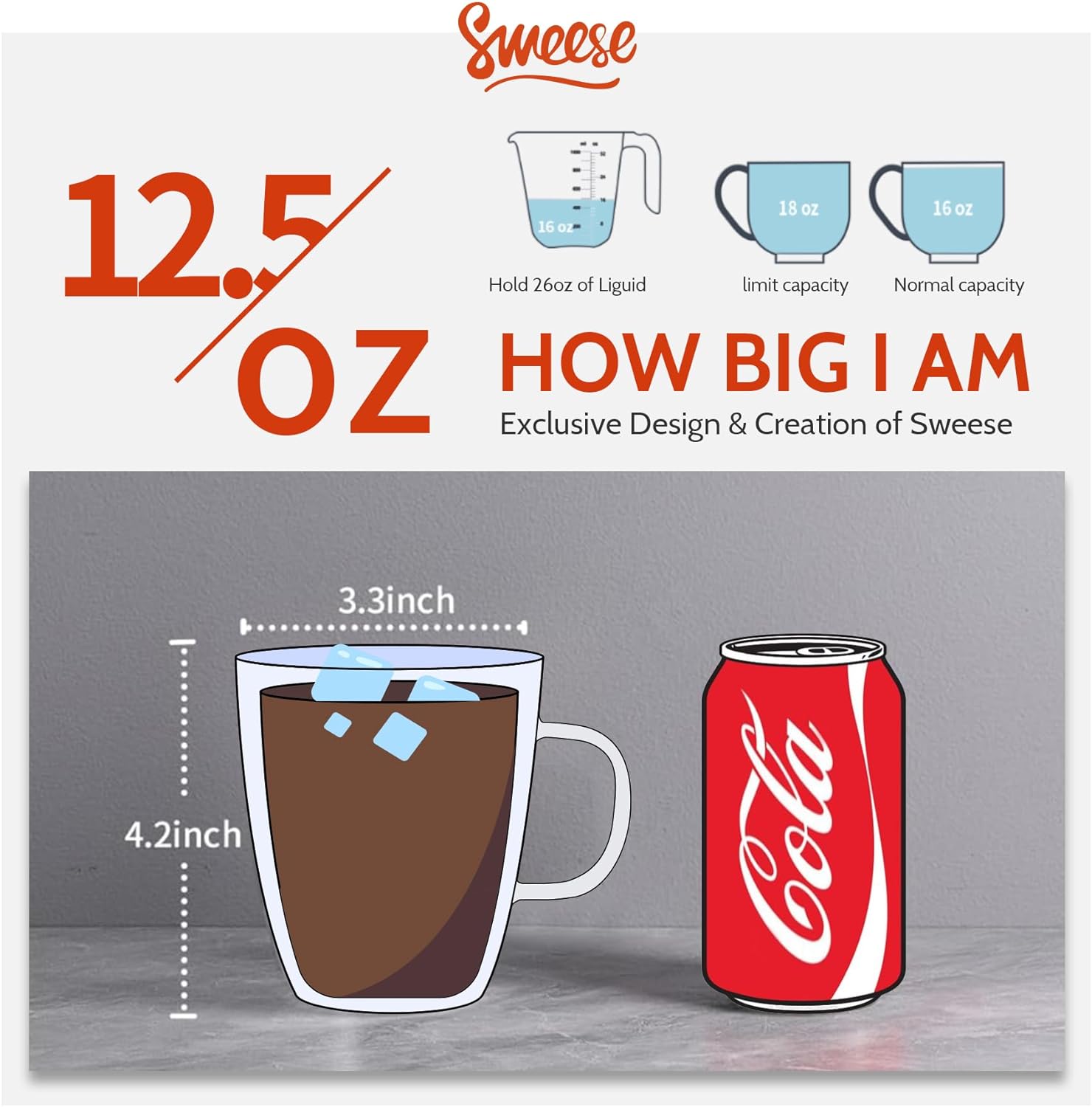 Sweese Double Wall Glass Coffee Mugs - 12.5 oz Insulated Clear Coffee Mugs Set of 2, Perfect for Espresso, Cappuccino, Latte, Americano, Tea Bag, Beverage