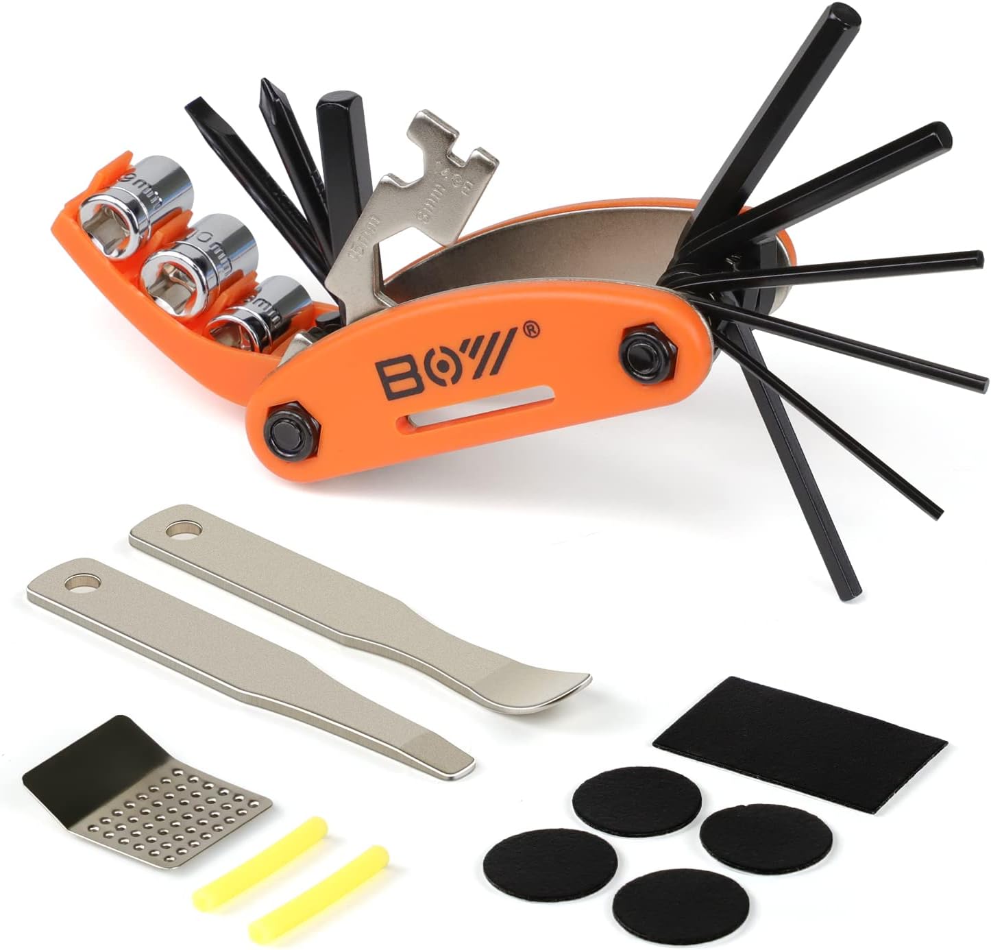 Bike Tool Kit Set, Portable Bike Repair Kit include 16 in 1 Multi Tool, 2 iron Tire Levers and 5 Pre-glued Patch Tire Patch, Metal Files, All in One Mini...