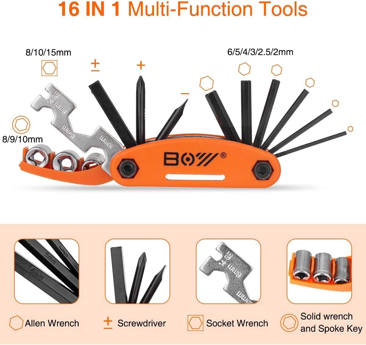  Bike Tool Kit Set, Portable Bike Repair Kit include 16 in 1 Multi Tool, 2 iron Tire Levers and 5 Pre-glued Patch Tire Patch, Metal Files, All in One Mini...